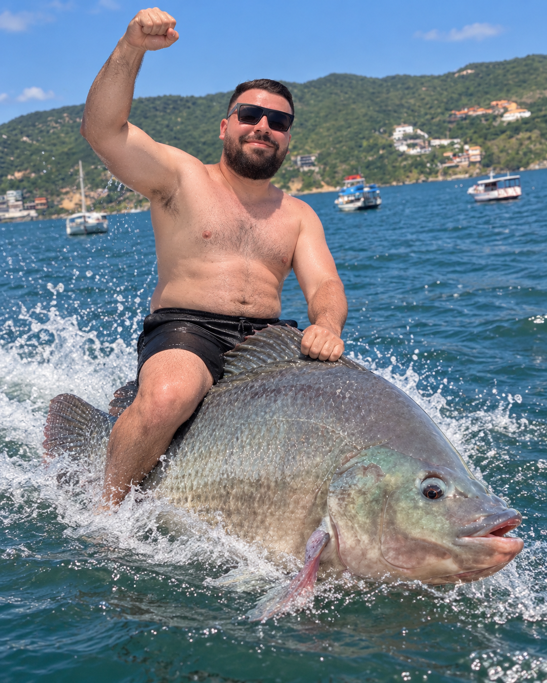 Homem de óculos escuros cavalga uma tilápia gigante no mar, com o punho erguido