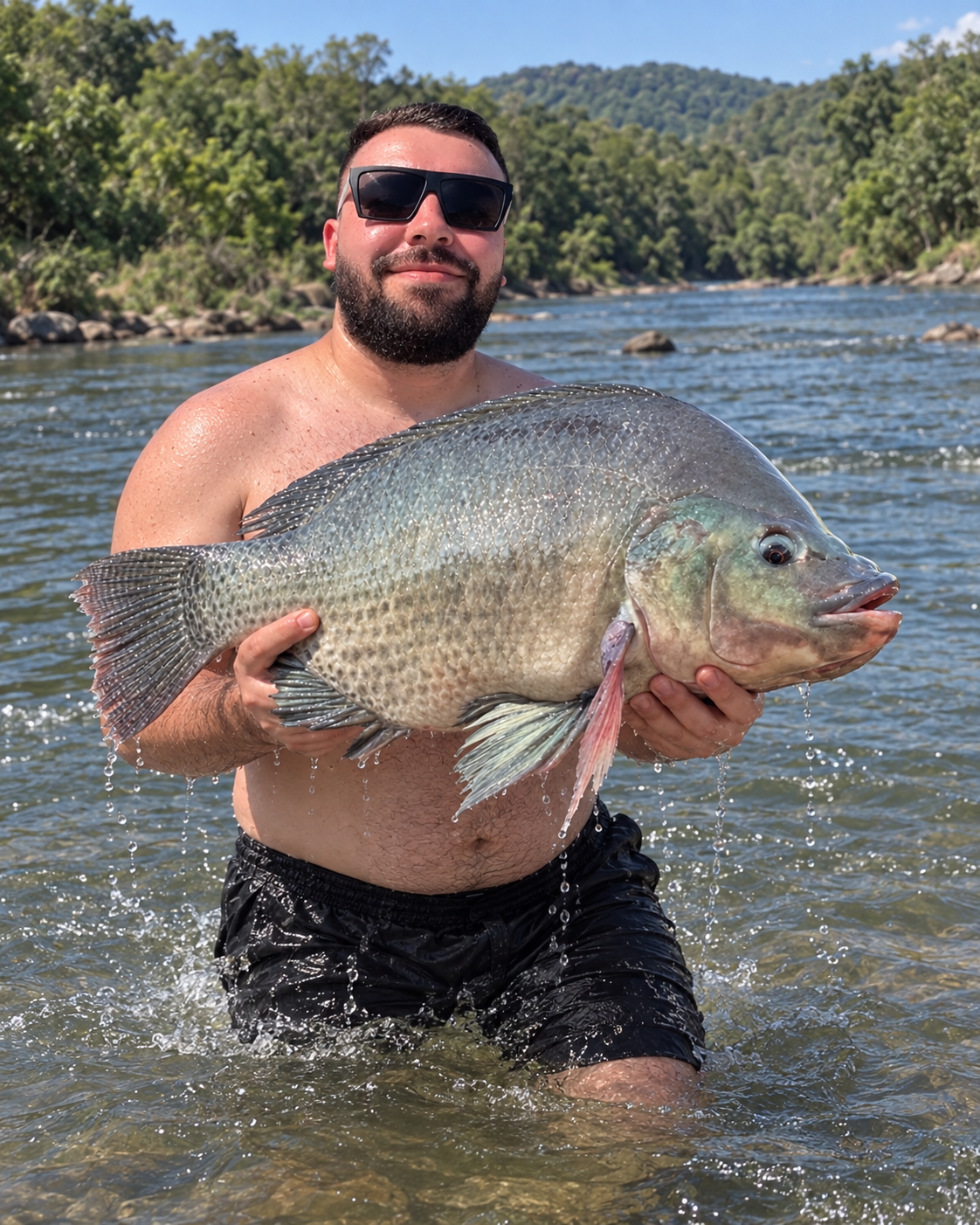 Homem em pé no rio segura tilápia gigante com água escorrendo